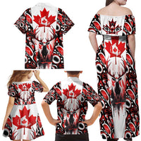 Canada Day Family Matching Off Shoulder Maxi Dress and Hawaiian Shirt The Forest Moose and Maple Leaves-Haida Pattern