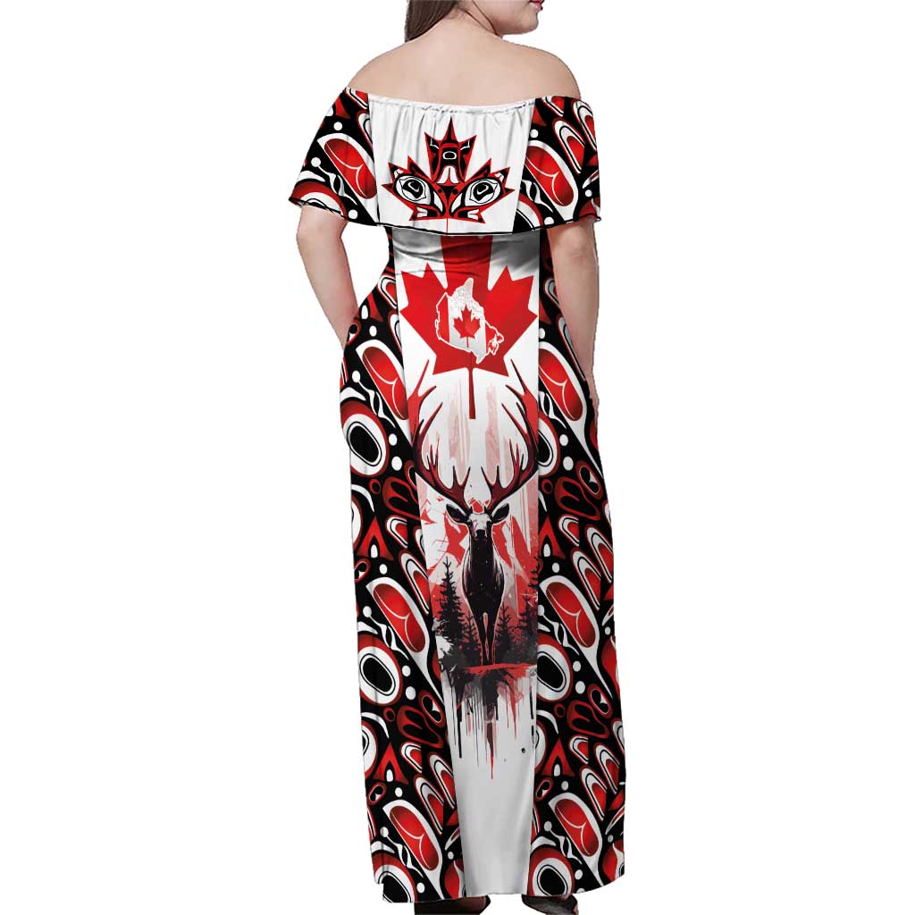 Canada Day Family Matching Off Shoulder Maxi Dress and Hawaiian Shirt The Forest Moose and Maple Leaves-Haida Pattern