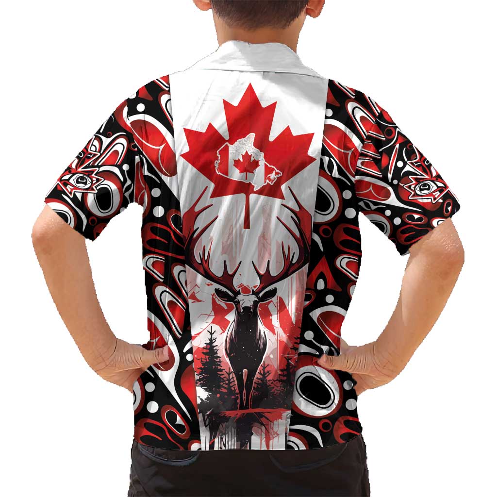 Canada Day Family Matching Off Shoulder Short Dress and Hawaiian Shirt The Forest Moose and Maple Leaves-Haida Pattern
