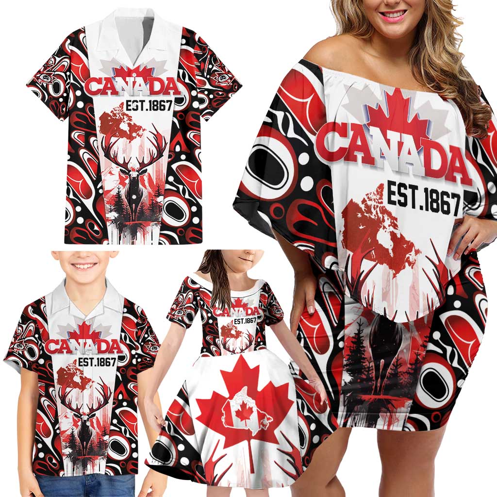 Canada Day Family Matching Off Shoulder Short Dress and Hawaiian Shirt The Forest Moose and Maple Leaves-Haida Pattern