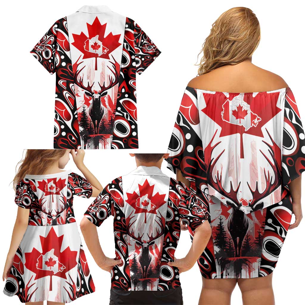 Canada Day Family Matching Off Shoulder Short Dress and Hawaiian Shirt The Forest Moose and Maple Leaves-Haida Pattern