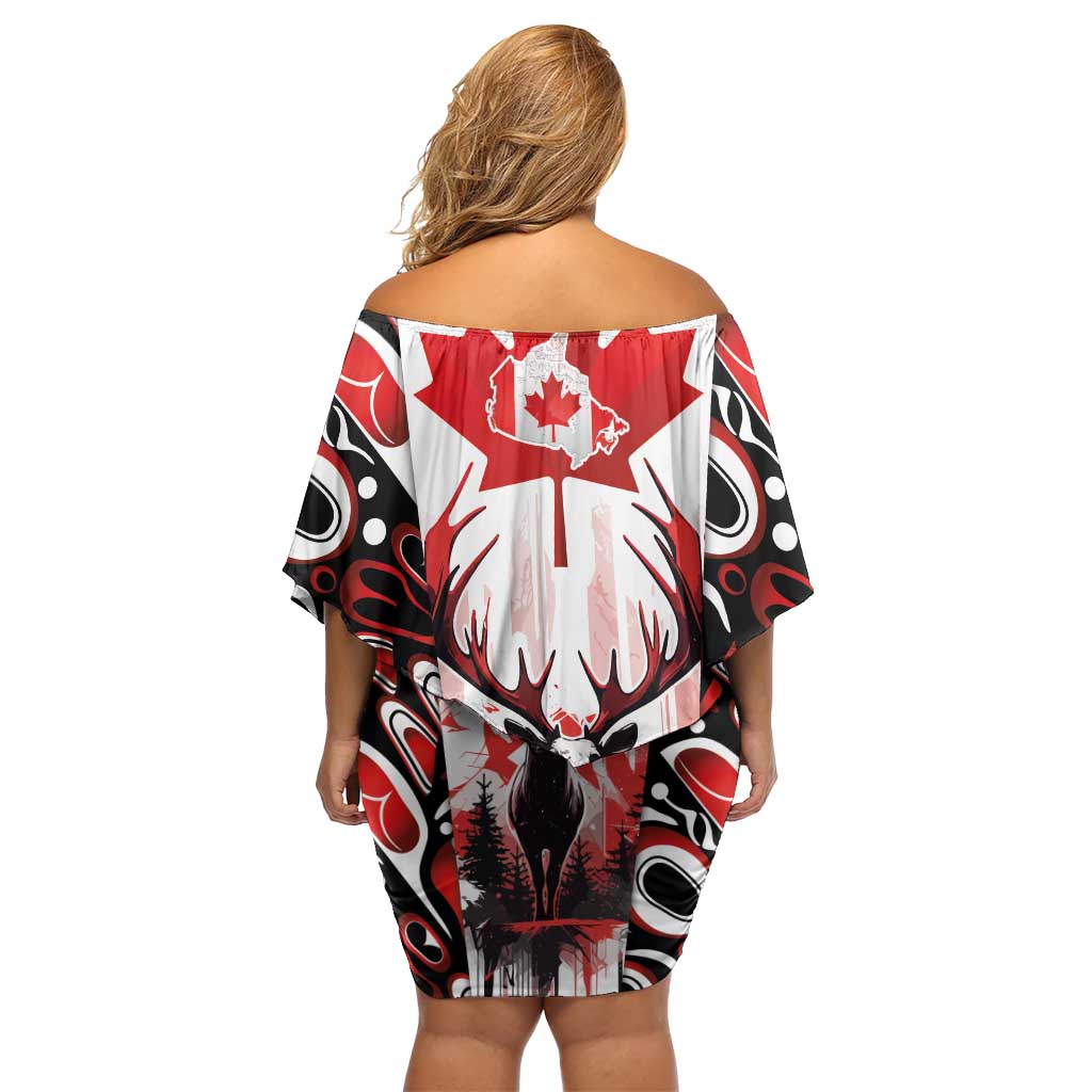 Canada Day Family Matching Off Shoulder Short Dress and Hawaiian Shirt The Forest Moose and Maple Leaves-Haida Pattern