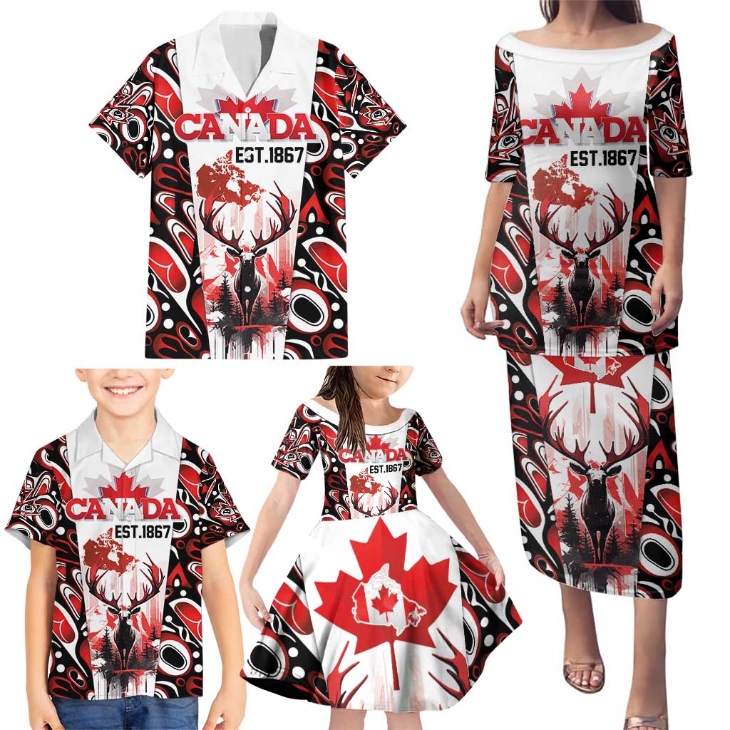 Canada Day Family Matching Puletasi and Hawaiian Shirt The Forest Moose and Maple Leaves-Haida Pattern