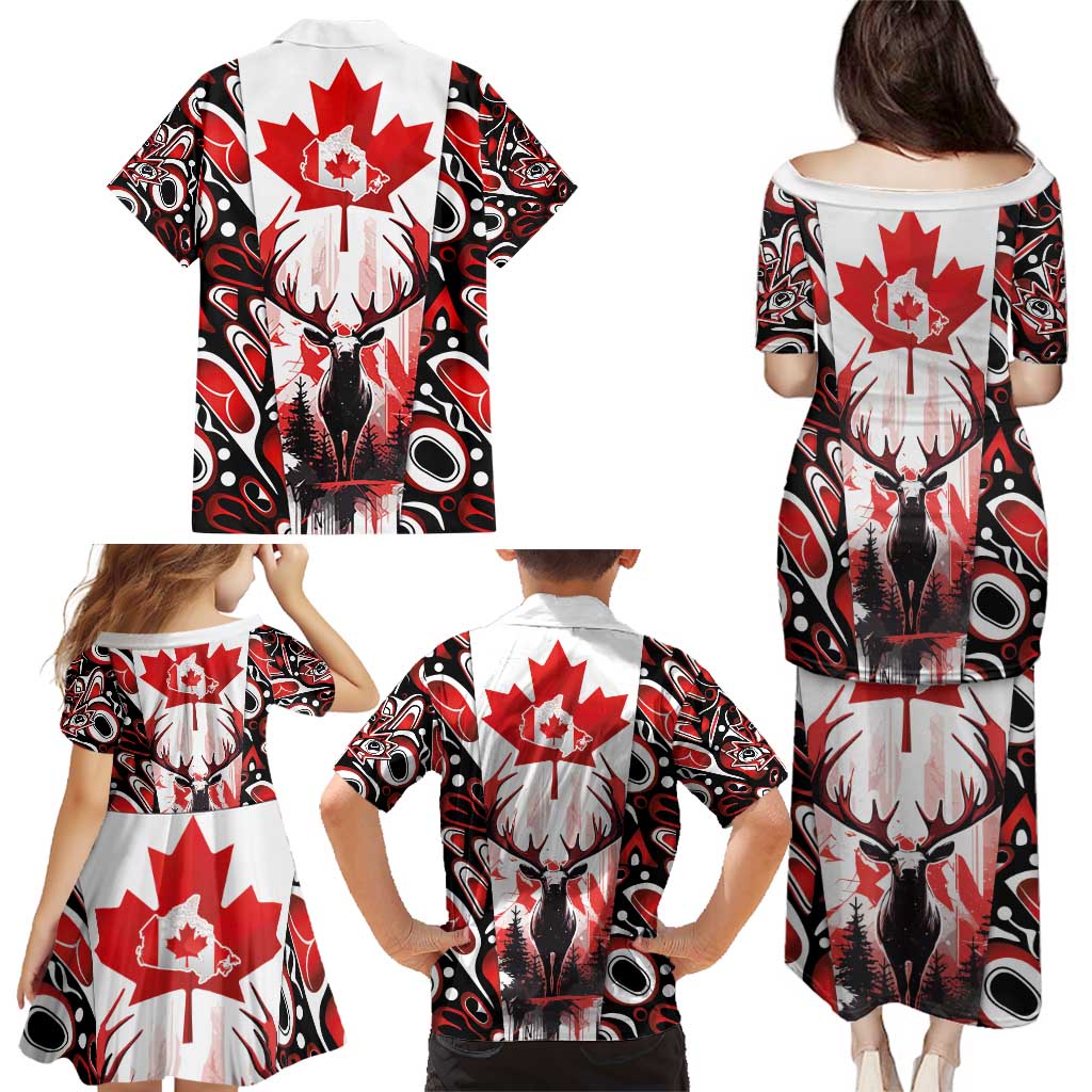 Canada Day Family Matching Puletasi and Hawaiian Shirt The Forest Moose and Maple Leaves-Haida Pattern