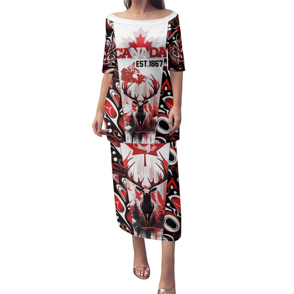 Canada Day Family Matching Puletasi and Hawaiian Shirt The Forest Moose and Maple Leaves-Haida Pattern