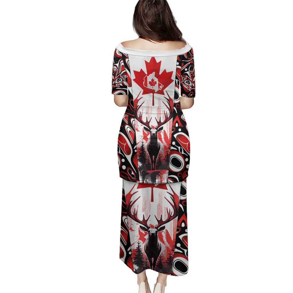 Canada Day Family Matching Puletasi and Hawaiian Shirt The Forest Moose and Maple Leaves-Haida Pattern