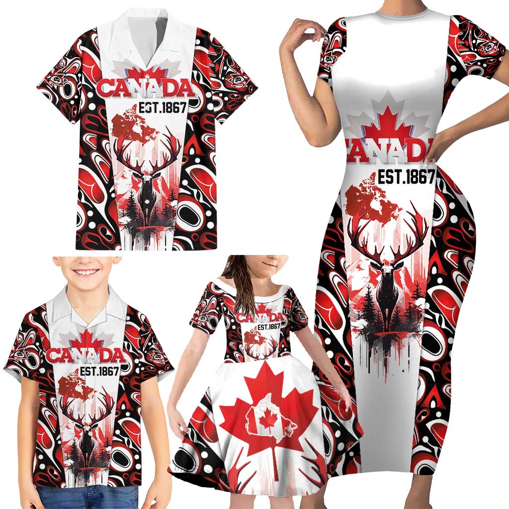Canada Day Family Matching Short Sleeve Bodycon Dress and Hawaiian Shirt The Forest Moose and Maple Leaves-Haida Pattern
