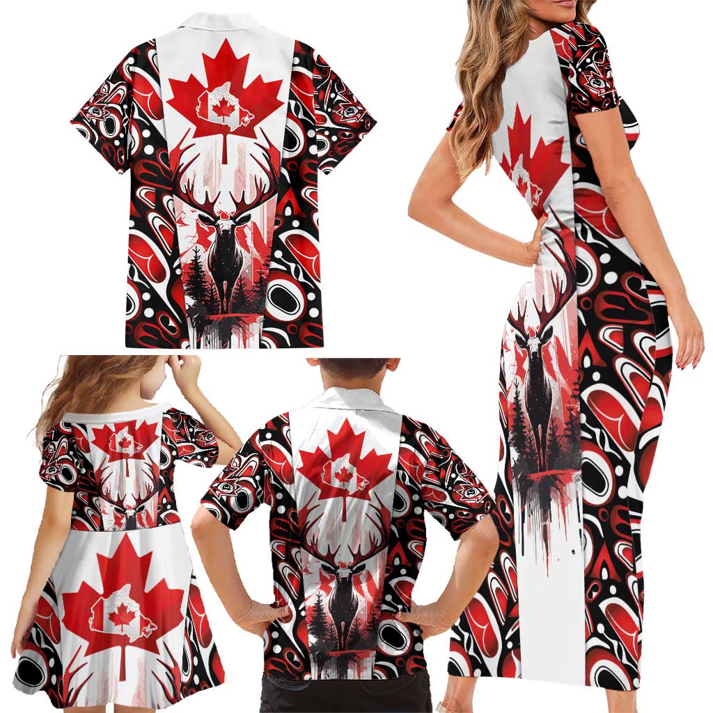 Canada Day Family Matching Short Sleeve Bodycon Dress and Hawaiian Shirt The Forest Moose and Maple Leaves-Haida Pattern