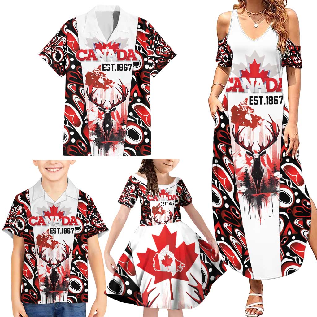 Canada Day Family Matching Summer Maxi Dress and Hawaiian Shirt The Forest Moose and Maple Leaves-Haida Pattern
