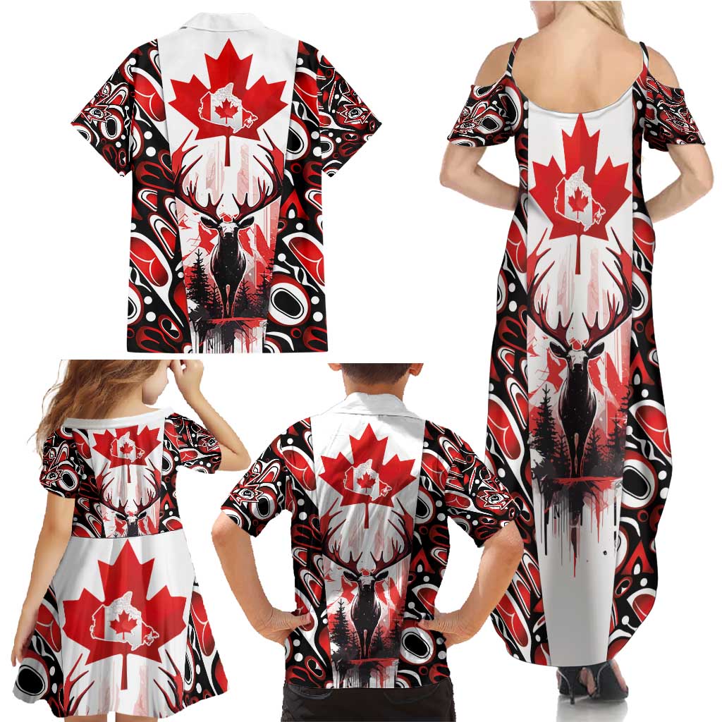 Canada Day Family Matching Summer Maxi Dress and Hawaiian Shirt The Forest Moose and Maple Leaves-Haida Pattern