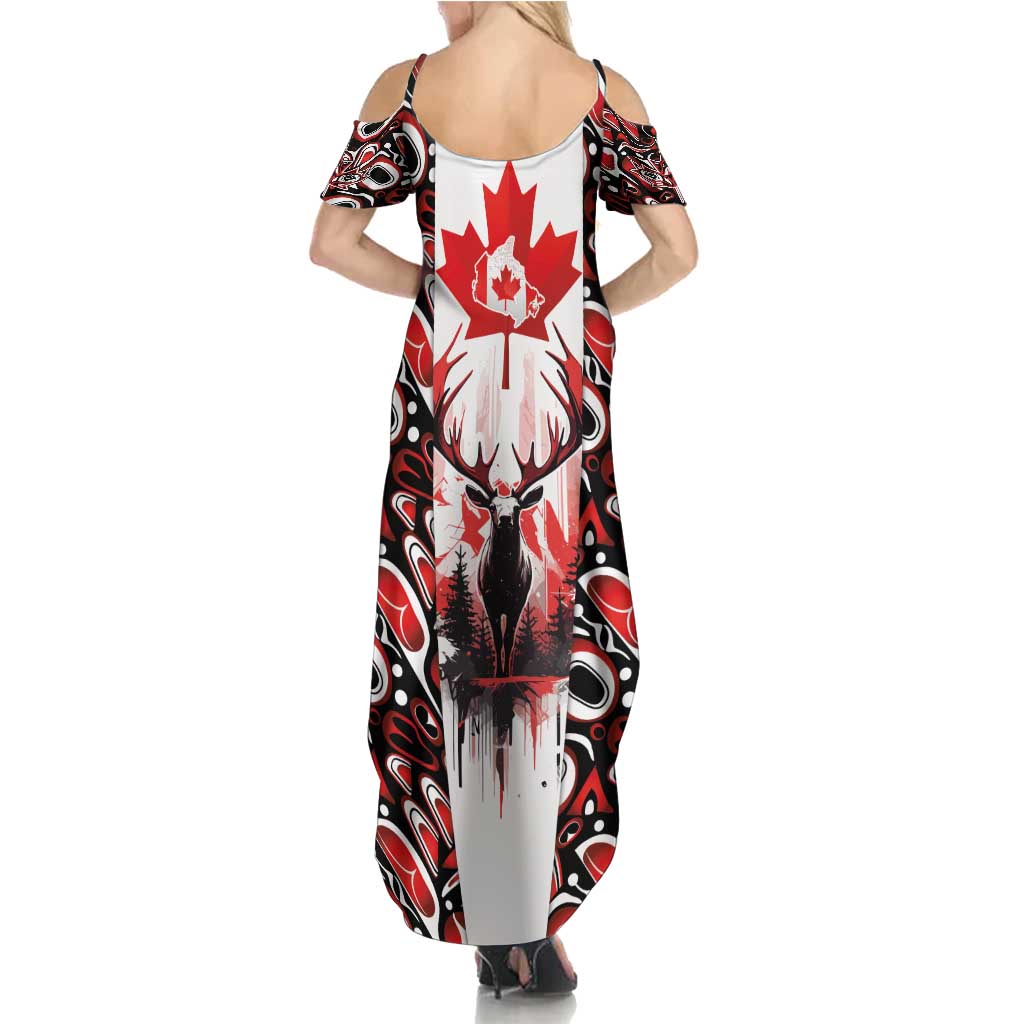 Canada Day Family Matching Summer Maxi Dress and Hawaiian Shirt The Forest Moose and Maple Leaves-Haida Pattern