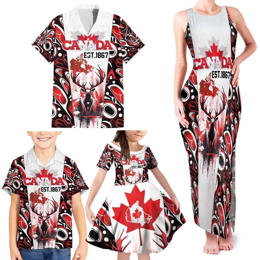 Canada Day Family Matching Tank Maxi Dress and Hawaiian Shirt The Forest Moose and Maple Leaves-Haida Pattern