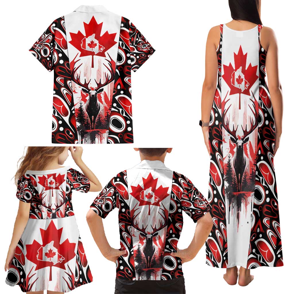 Canada Day Family Matching Tank Maxi Dress and Hawaiian Shirt The Forest Moose and Maple Leaves-Haida Pattern