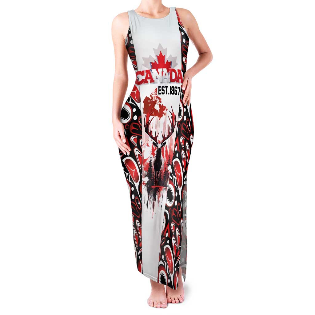 Canada Day Family Matching Tank Maxi Dress and Hawaiian Shirt The Forest Moose and Maple Leaves-Haida Pattern