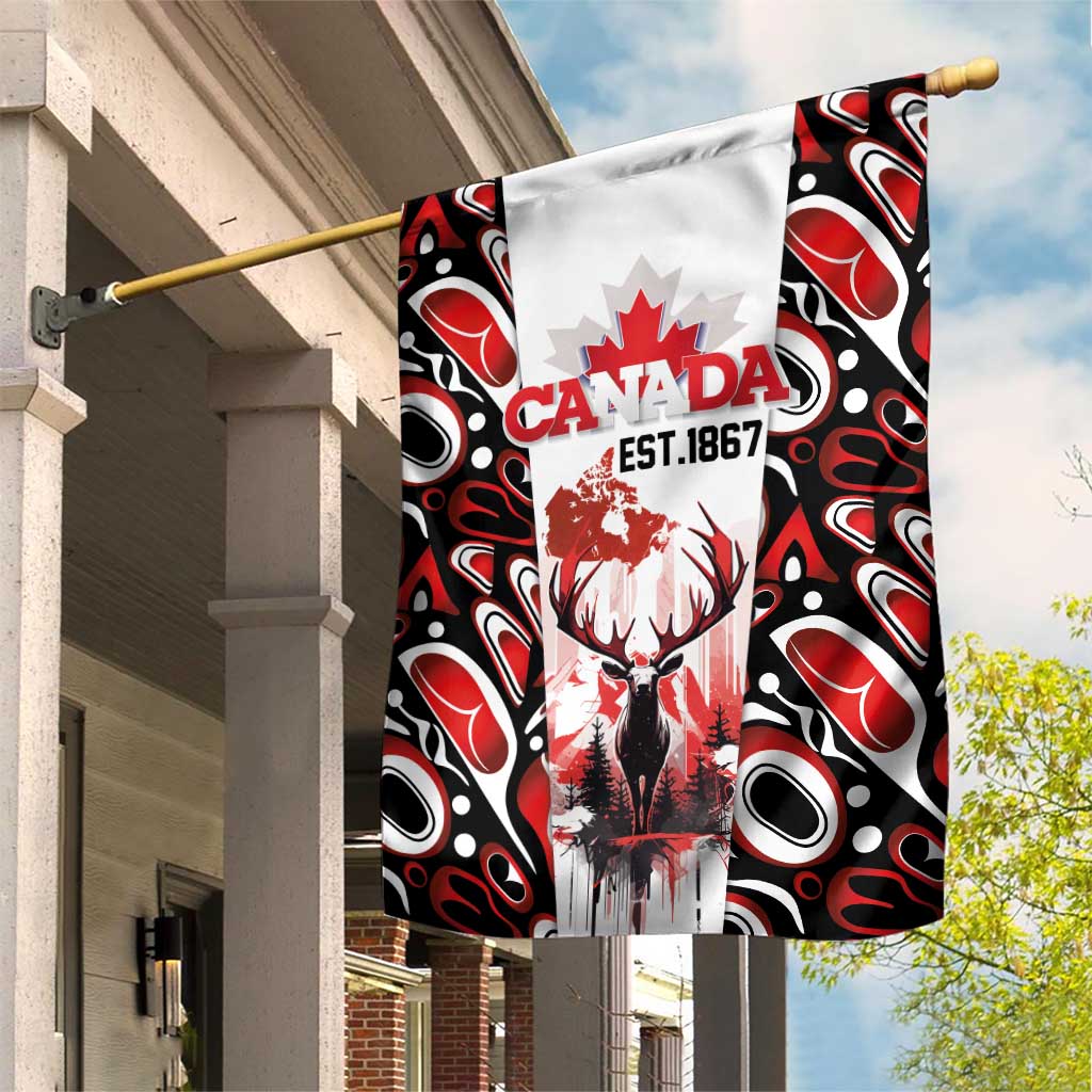 Canada Day Garden Flag The Forest Moose and Maple Leaves-Haida Pattern