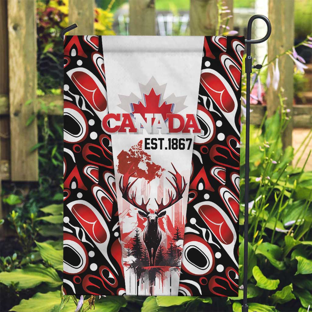 Canada Day Garden Flag The Forest Moose and Maple Leaves-Haida Pattern