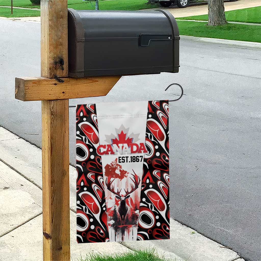 Canada Day Garden Flag The Forest Moose and Maple Leaves-Haida Pattern