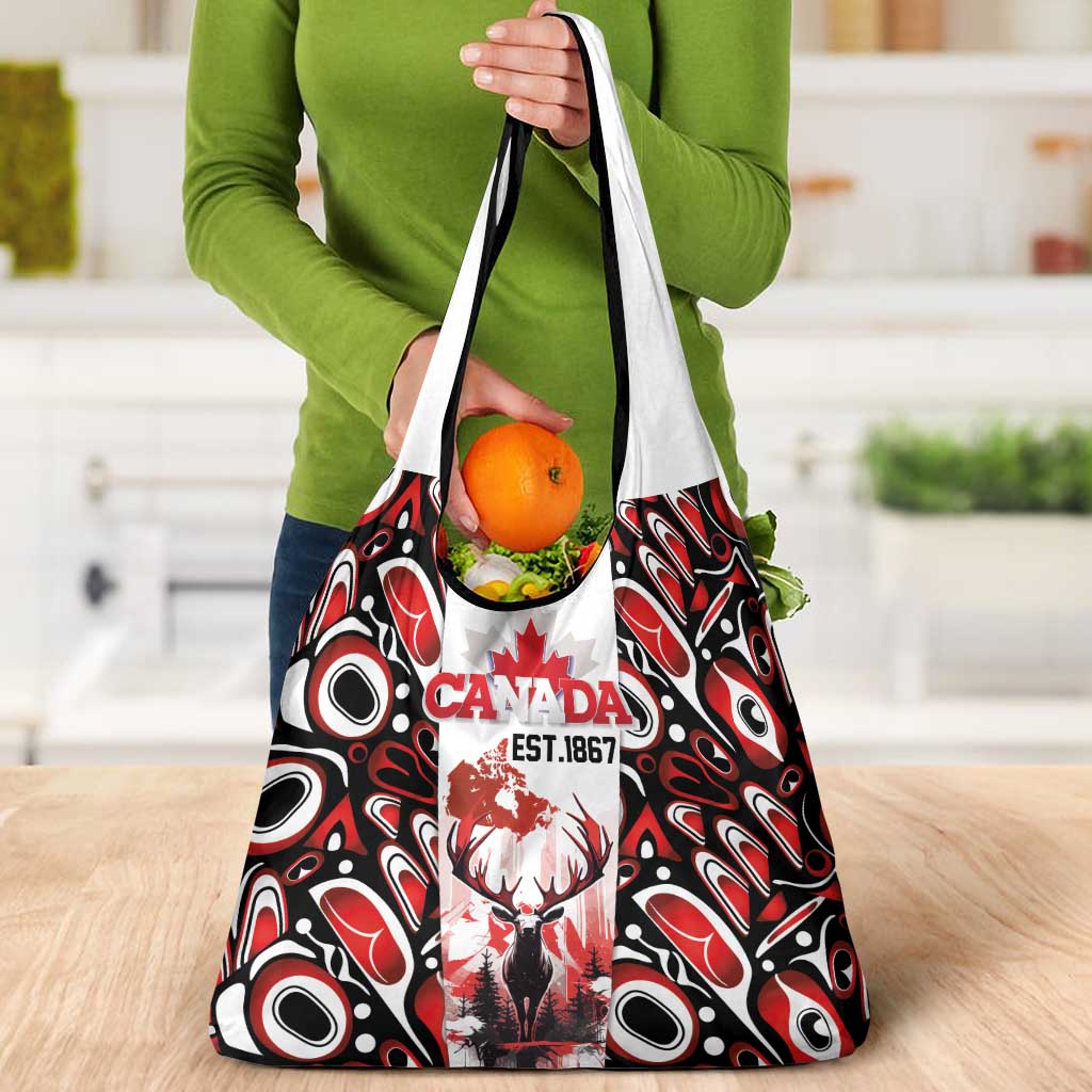 Canada Day Grocery Bag The Forest Moose and Maple Leaves-Haida Pattern