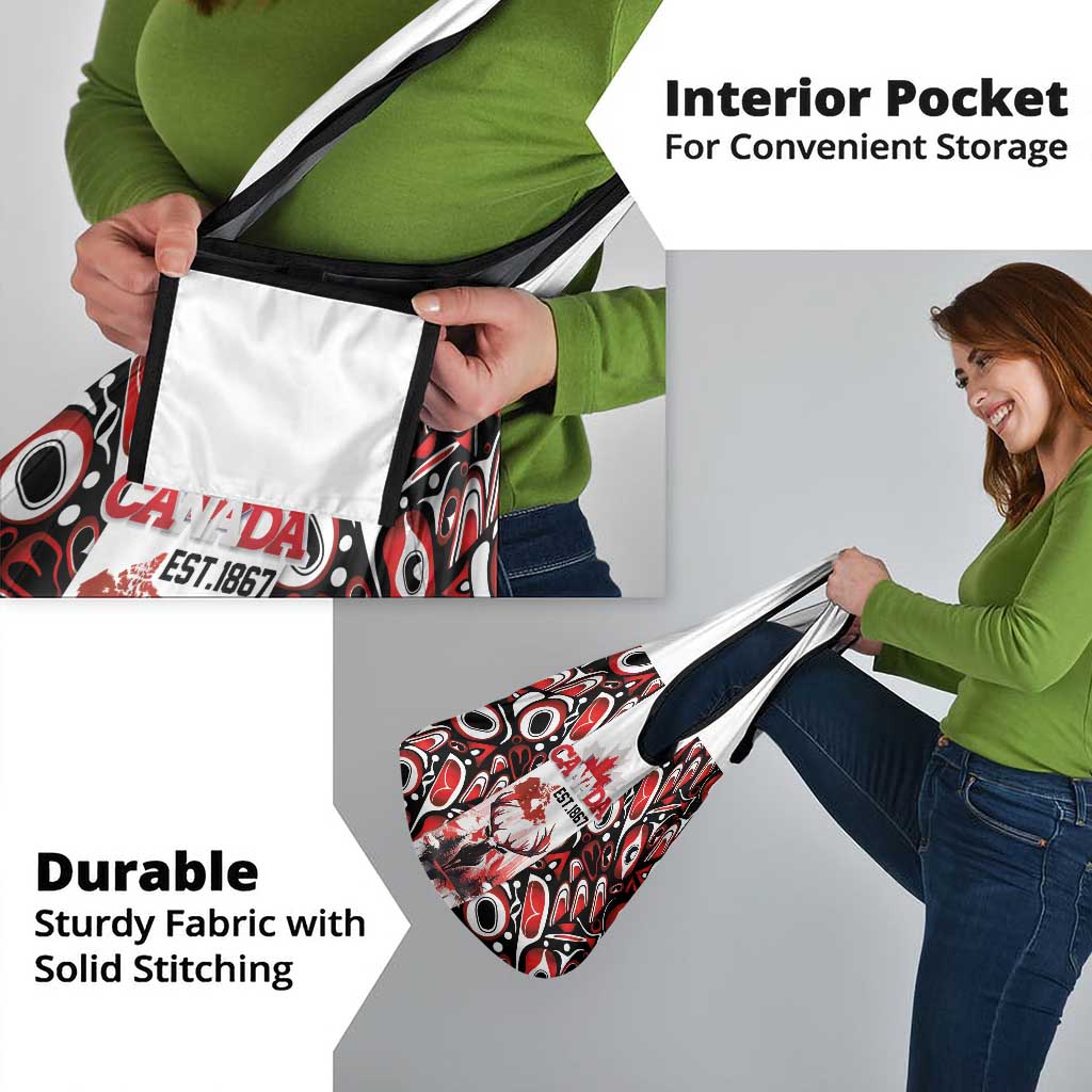 Canada Day Grocery Bag The Forest Moose and Maple Leaves-Haida Pattern