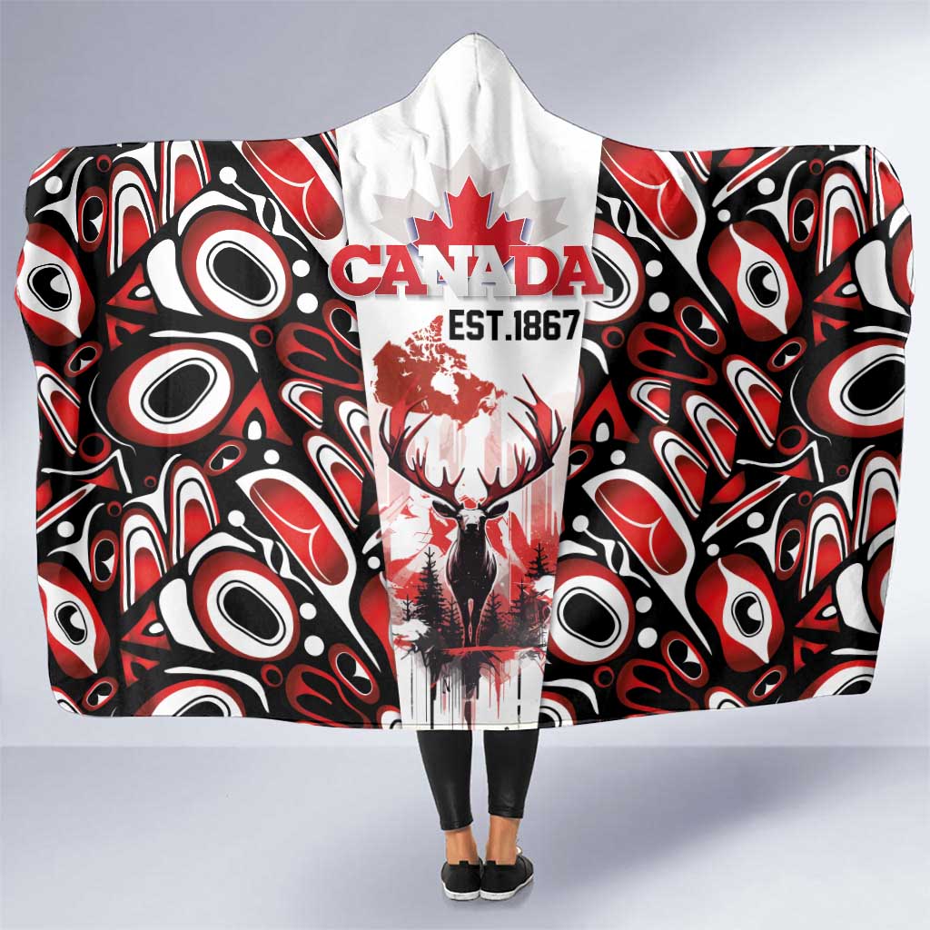Canada Day Hooded Blanket The Forest Moose and Maple Leaves-Haida Pattern