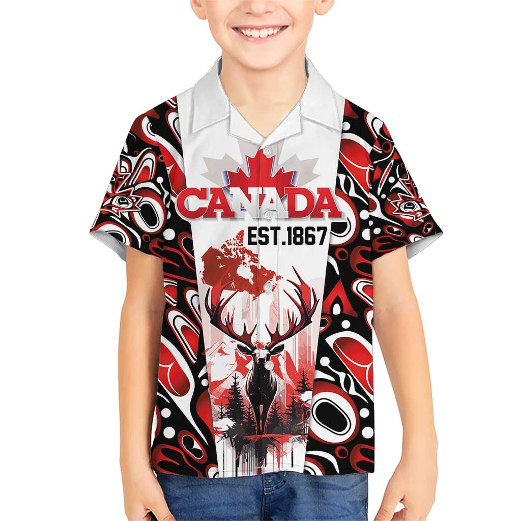 Canada Day Kid Hawaiian Shirt The Forest Moose and Maple Leaves-Haida Pattern