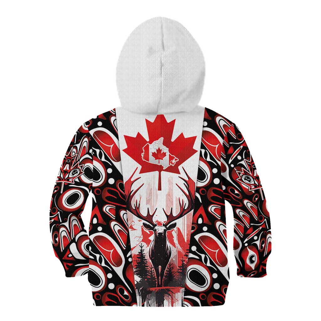 Canada Day Kid Hoodie The Forest Moose and Maple Leaves-Haida Pattern