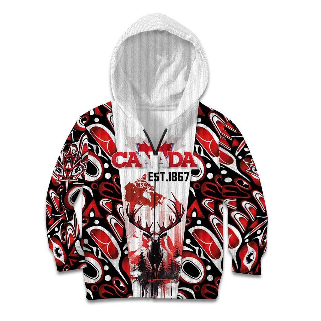 Canada Day Kid Hoodie The Forest Moose and Maple Leaves-Haida Pattern