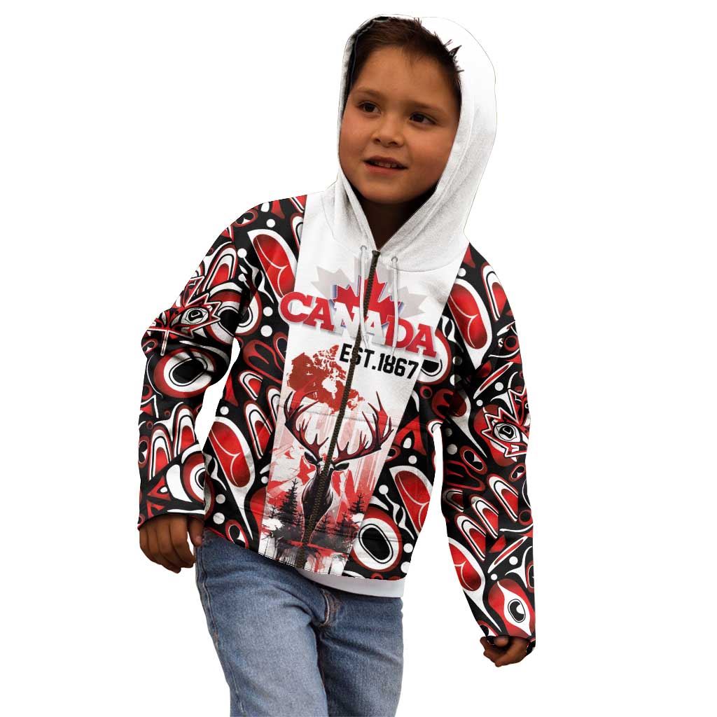 Canada Day Kid Hoodie The Forest Moose and Maple Leaves-Haida Pattern