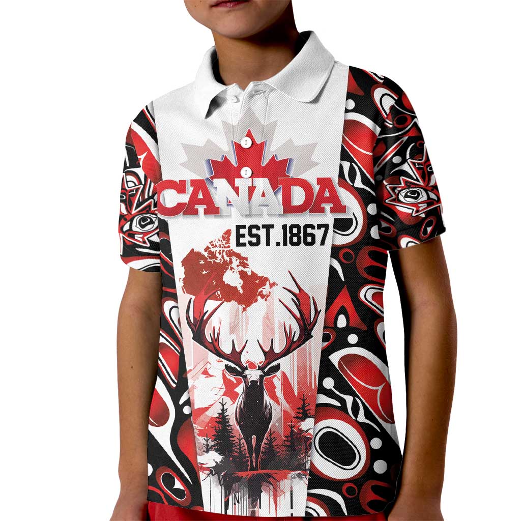 Canada Day Kid Polo Shirt The Forest Moose and Maple Leaves-Haida Pattern
