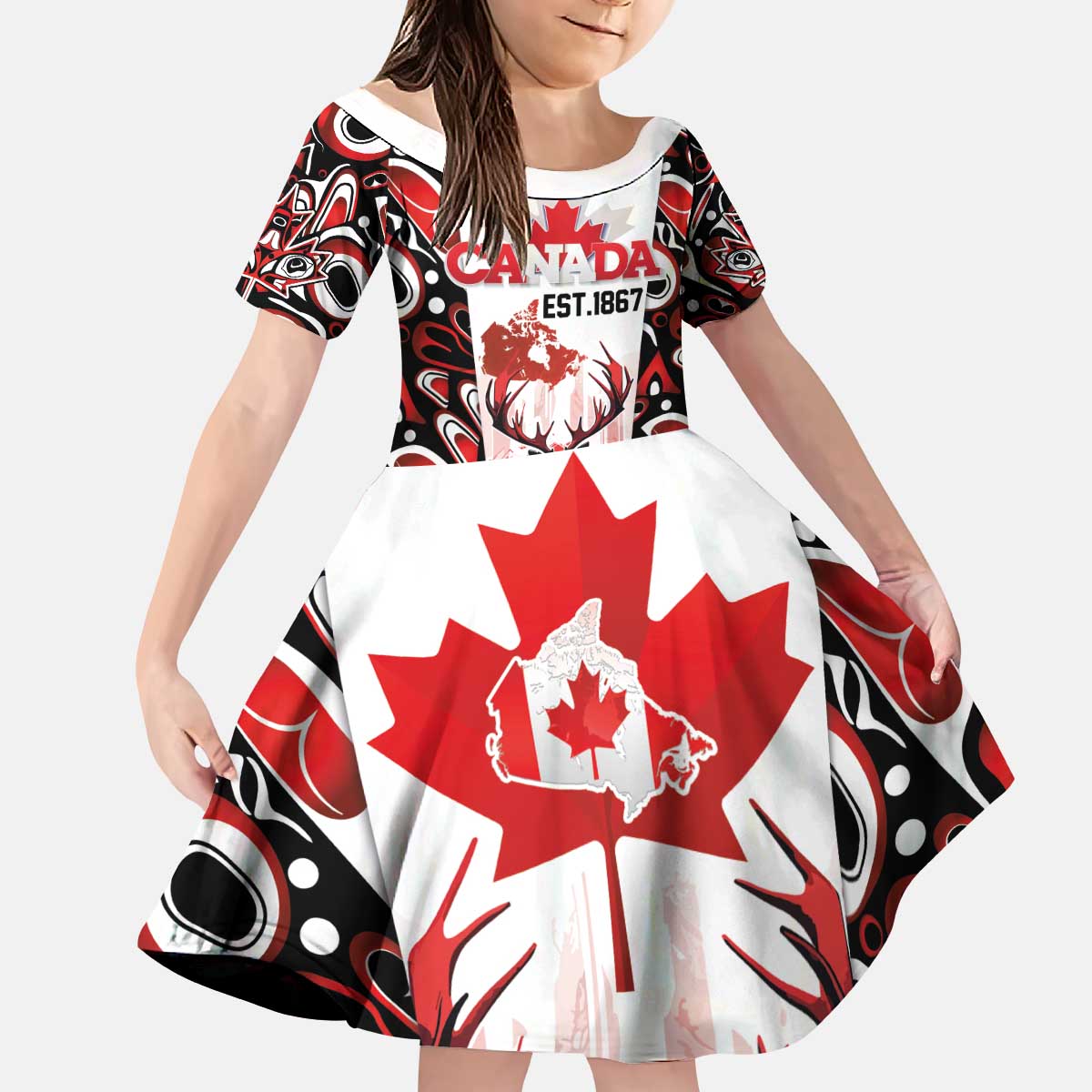 Canada Day Kid Short Sleeve Dress The Forest Moose and Maple Leaves-Haida Pattern