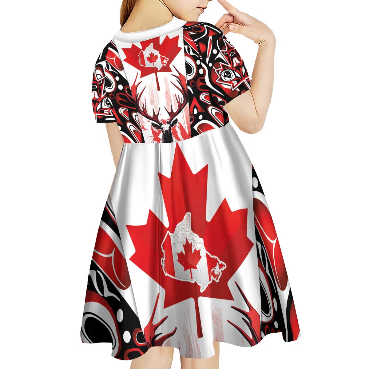 Canada Day Kid Short Sleeve Dress The Forest Moose and Maple Leaves-Haida Pattern
