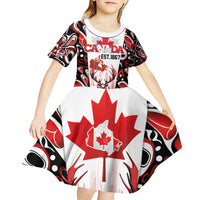 Canada Day Kid Short Sleeve Dress The Forest Moose and Maple Leaves-Haida Pattern