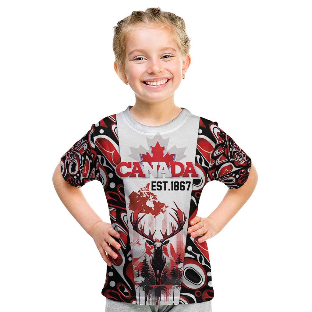 Canada Day Kid T Shirt The Forest Moose and Maple Leaves-Haida Pattern