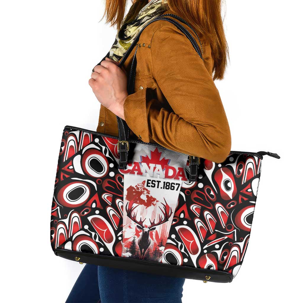 Canada Day Leather Tote Bag The Forest Moose and Maple Leaves-Haida Pattern