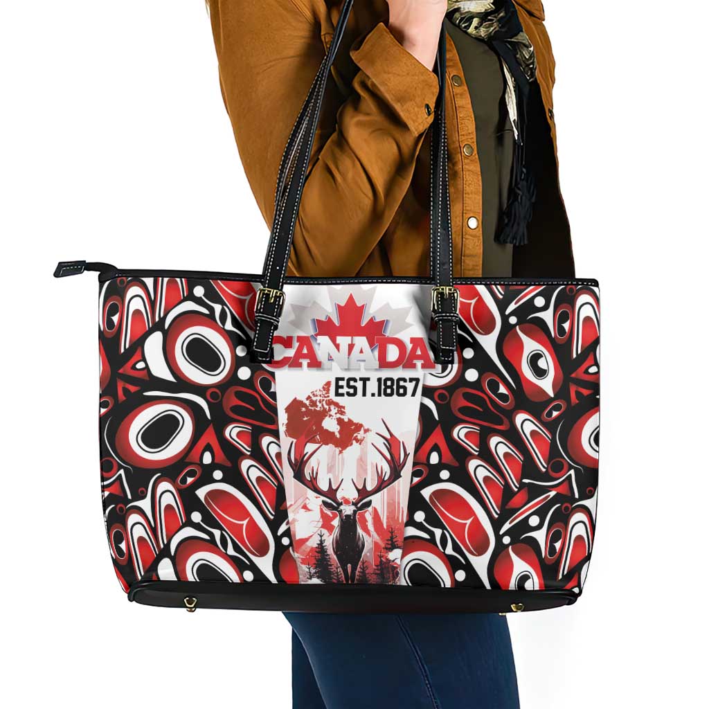 Canada Day Leather Tote Bag The Forest Moose and Maple Leaves-Haida Pattern