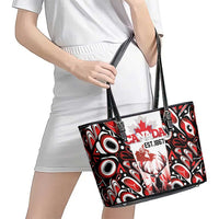 Canada Day Leather Tote Bag The Forest Moose and Maple Leaves-Haida Pattern
