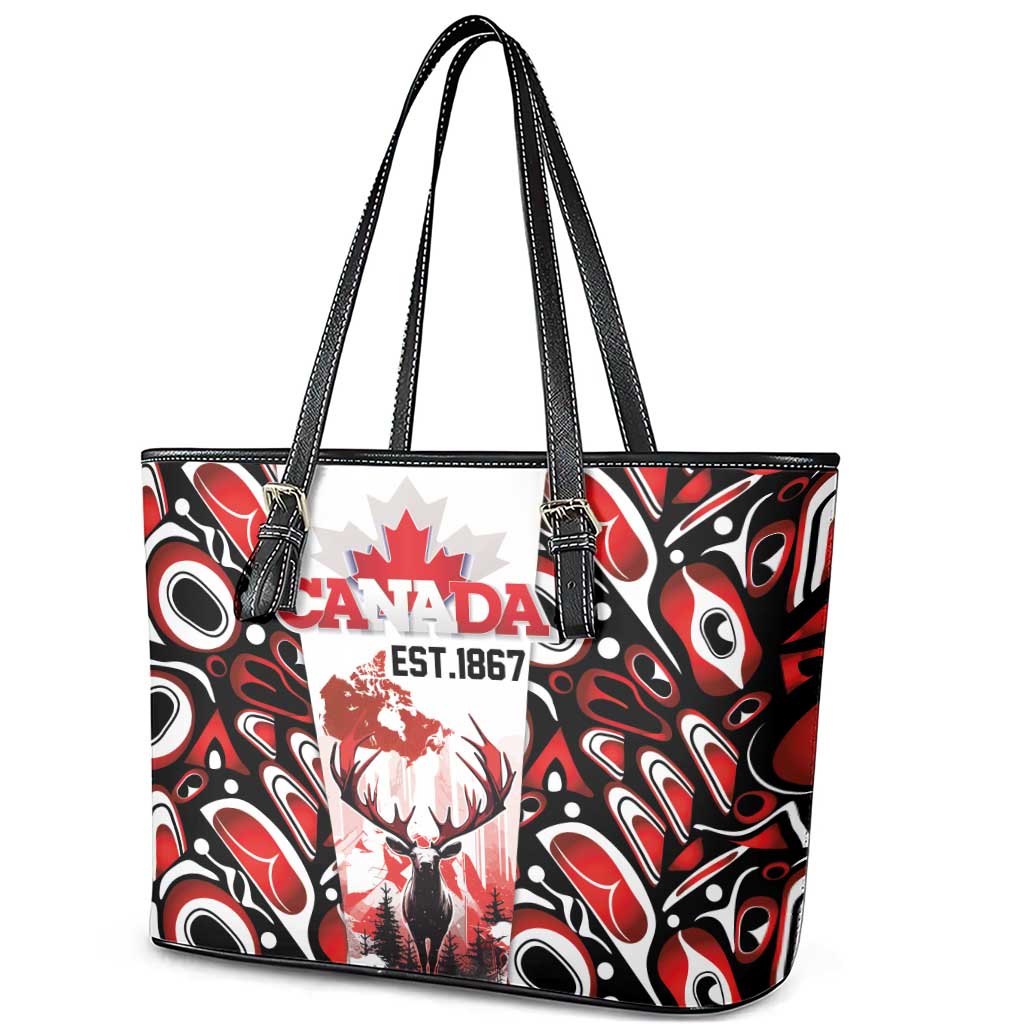 Canada Day Leather Tote Bag The Forest Moose and Maple Leaves-Haida Pattern