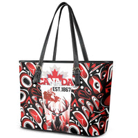 Canada Day Leather Tote Bag The Forest Moose and Maple Leaves-Haida Pattern