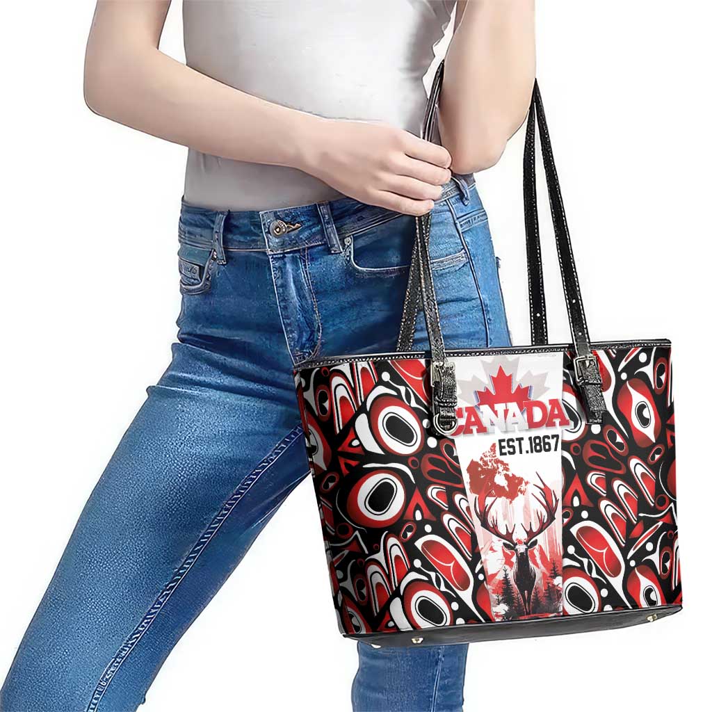 Canada Day Leather Tote Bag The Forest Moose and Maple Leaves-Haida Pattern