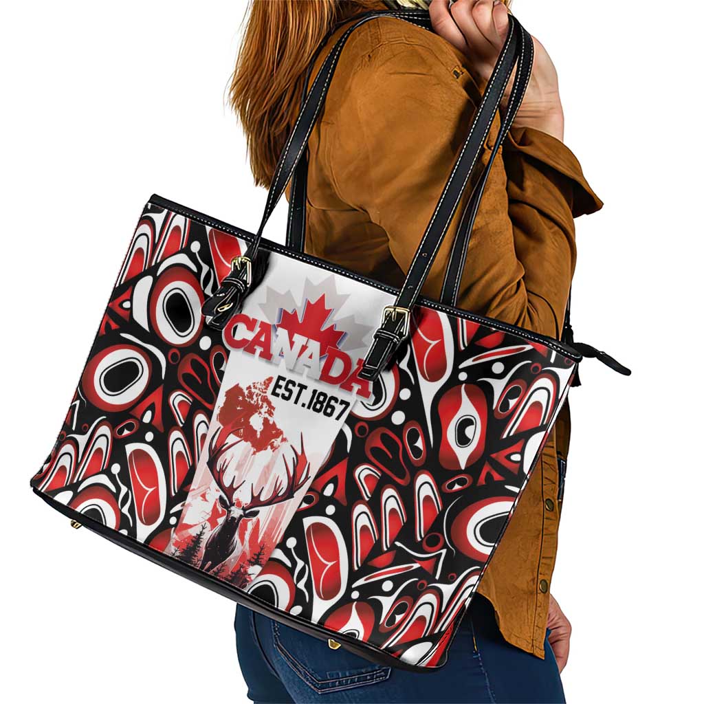 Canada Day Leather Tote Bag The Forest Moose and Maple Leaves-Haida Pattern