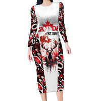 Canada Day Long Sleeve Bodycon Dress The Forest Moose and Maple Leaves-Haida Pattern