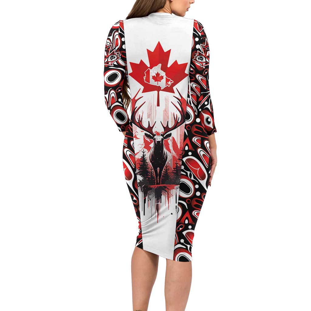 Canada Day Long Sleeve Bodycon Dress The Forest Moose and Maple Leaves-Haida Pattern