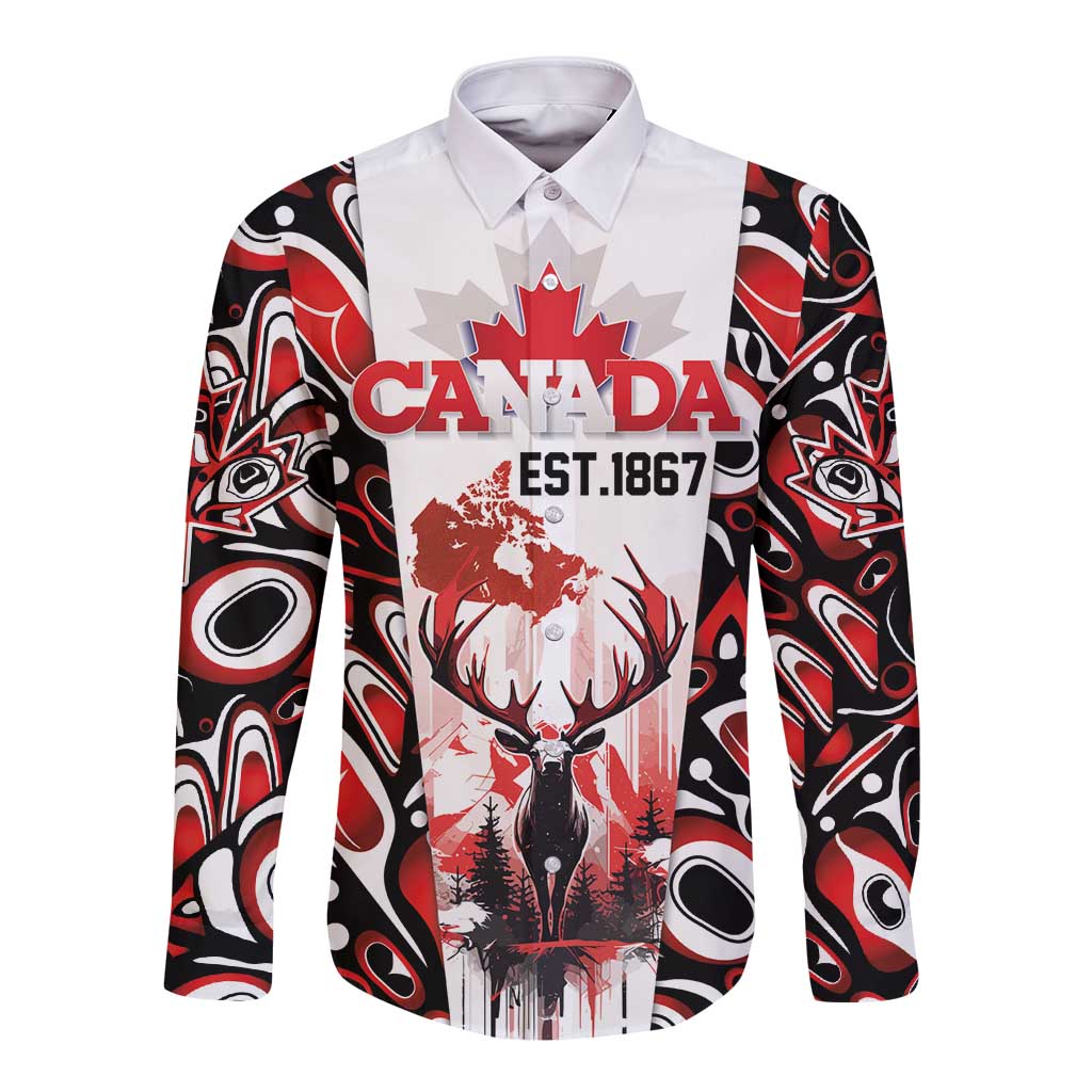 Canada Day Long Sleeve Button Shirt The Forest Moose and Maple Leaves-Haida Pattern