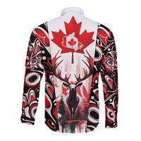 Canada Day Long Sleeve Button Shirt The Forest Moose and Maple Leaves-Haida Pattern