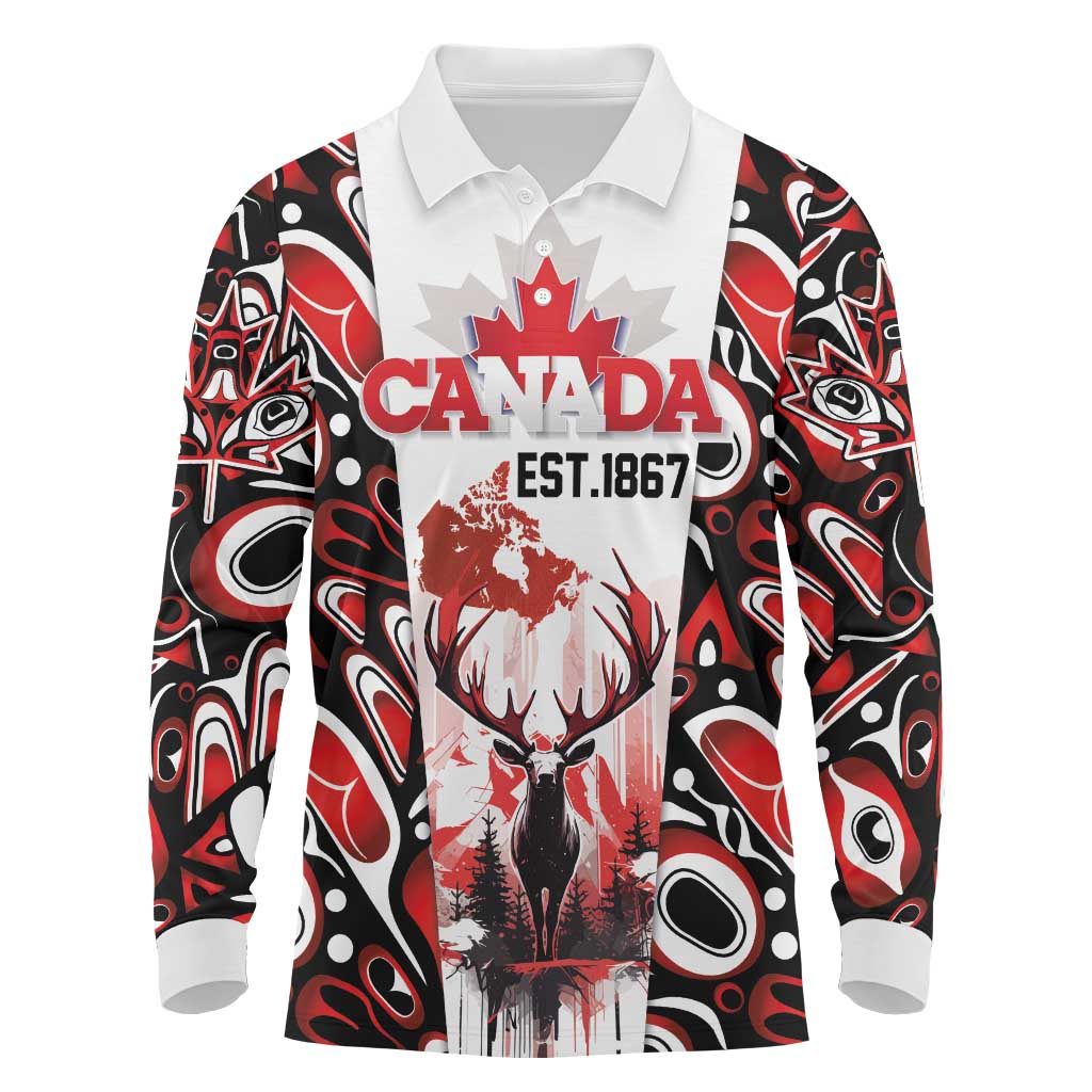 Canada Day Long Sleeve Polo Shirt The Forest Moose and Maple Leaves-Haida Pattern