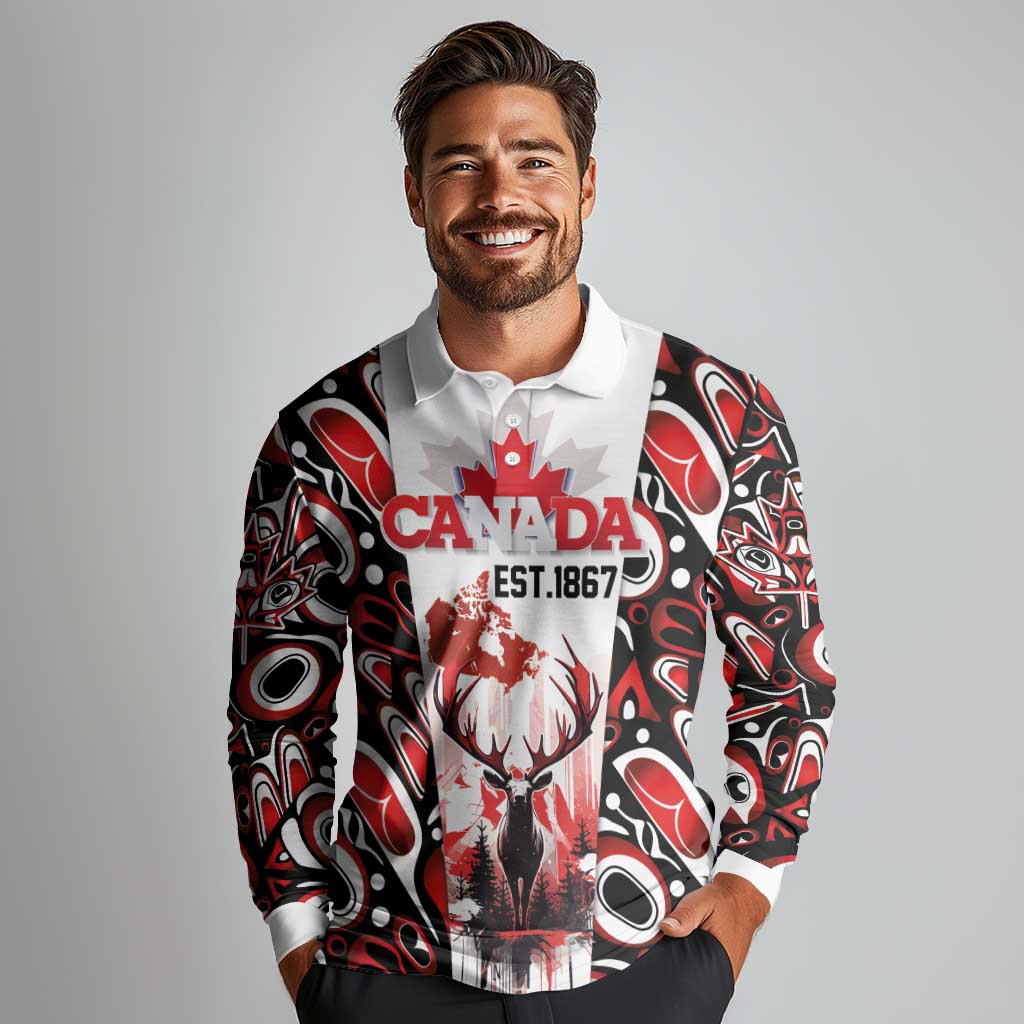 Canada Day Long Sleeve Polo Shirt The Forest Moose and Maple Leaves-Haida Pattern