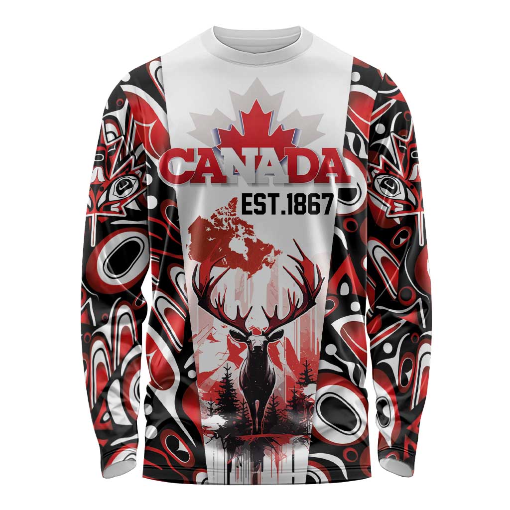 Canada Day Long Sleeve Shirt The Forest Moose and Maple Leaves-Haida Pattern