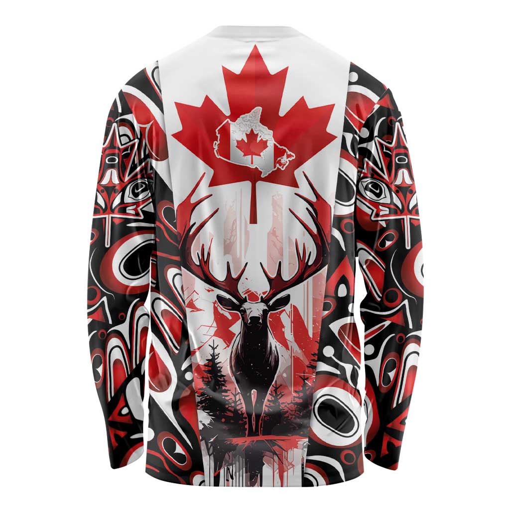 Canada Day Long Sleeve Shirt The Forest Moose and Maple Leaves-Haida Pattern