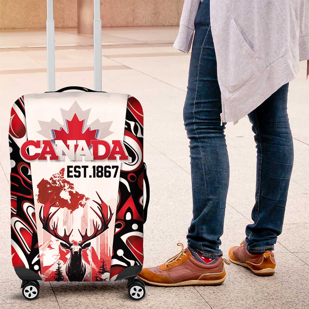 Canada Day Luggage Cover The Forest Moose and Maple Leaves-Haida Pattern