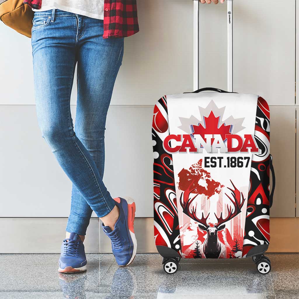 Canada Day Luggage Cover The Forest Moose and Maple Leaves-Haida Pattern